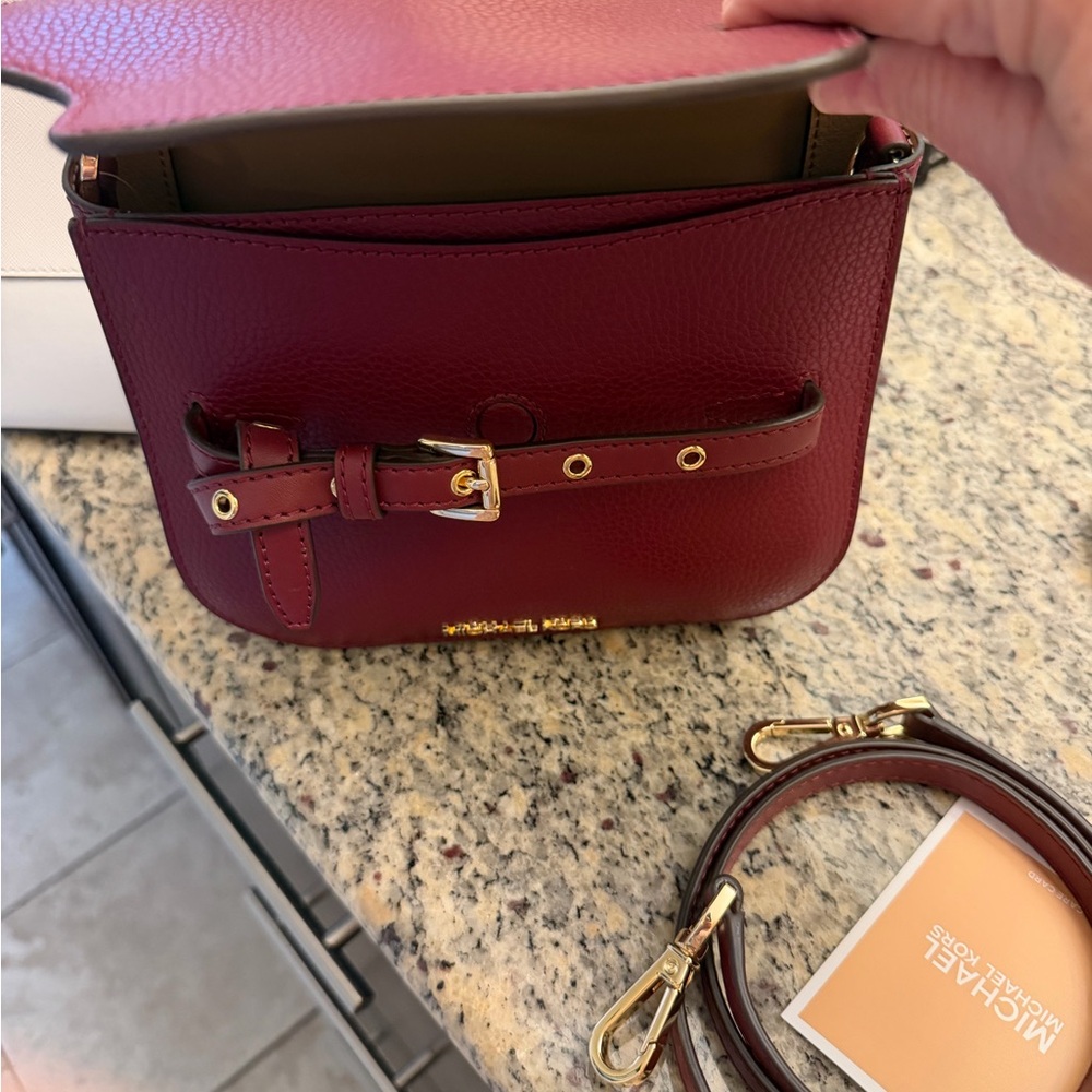 Michael Kors Emilia small saddle leather Oxblood Burgundy Crossbody Bag; New - Picture 4 of 7